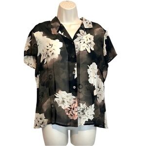 EVAN PICONE Button Up Short Flutter Sleeve Blouse, Sheer, Black Ivory Floral 14P